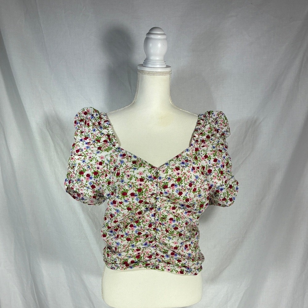 L.I.F.E. Love Is For Eternity Floral Ruched Puff Sleeve Smocked Top XL Cotton